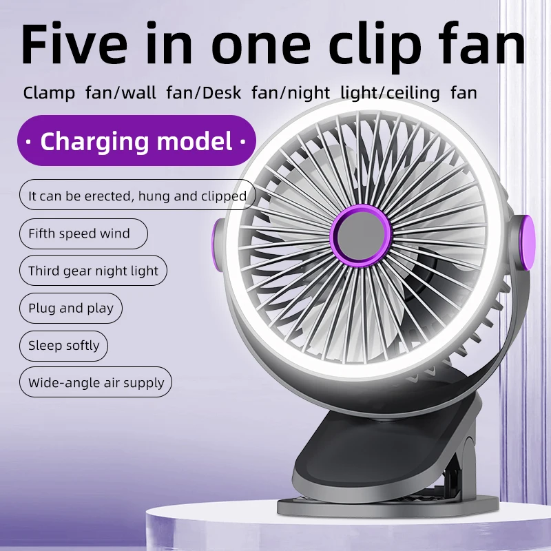 (cinza) Ventilador De Clipe, Três Velocidades, Funcionamento Silencioso, Recarregável, Com Luz Led, Ideal Para Camping.