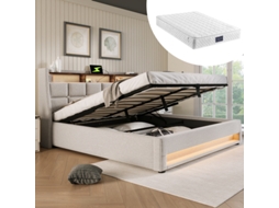 Cama Box 160x200cm Com Usb, Led E Estrutura Metálica - Estofada Em Linho, Inclui Colchão E Suporte Em Ripas