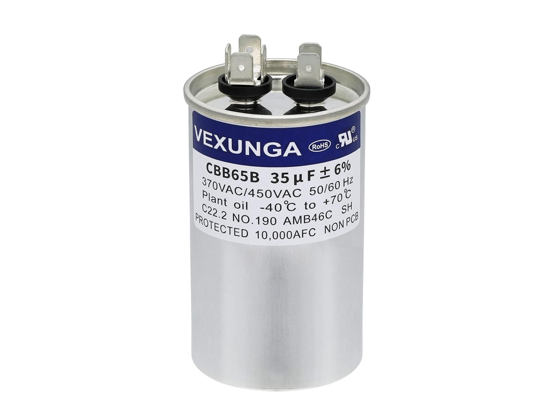 Capacitor redondo de 35uF (35MFD) para partida de motores e ventiladores de ar condicionado, 370VAC, 440VAC e 450VAC, 50/60Hz (CBB65).