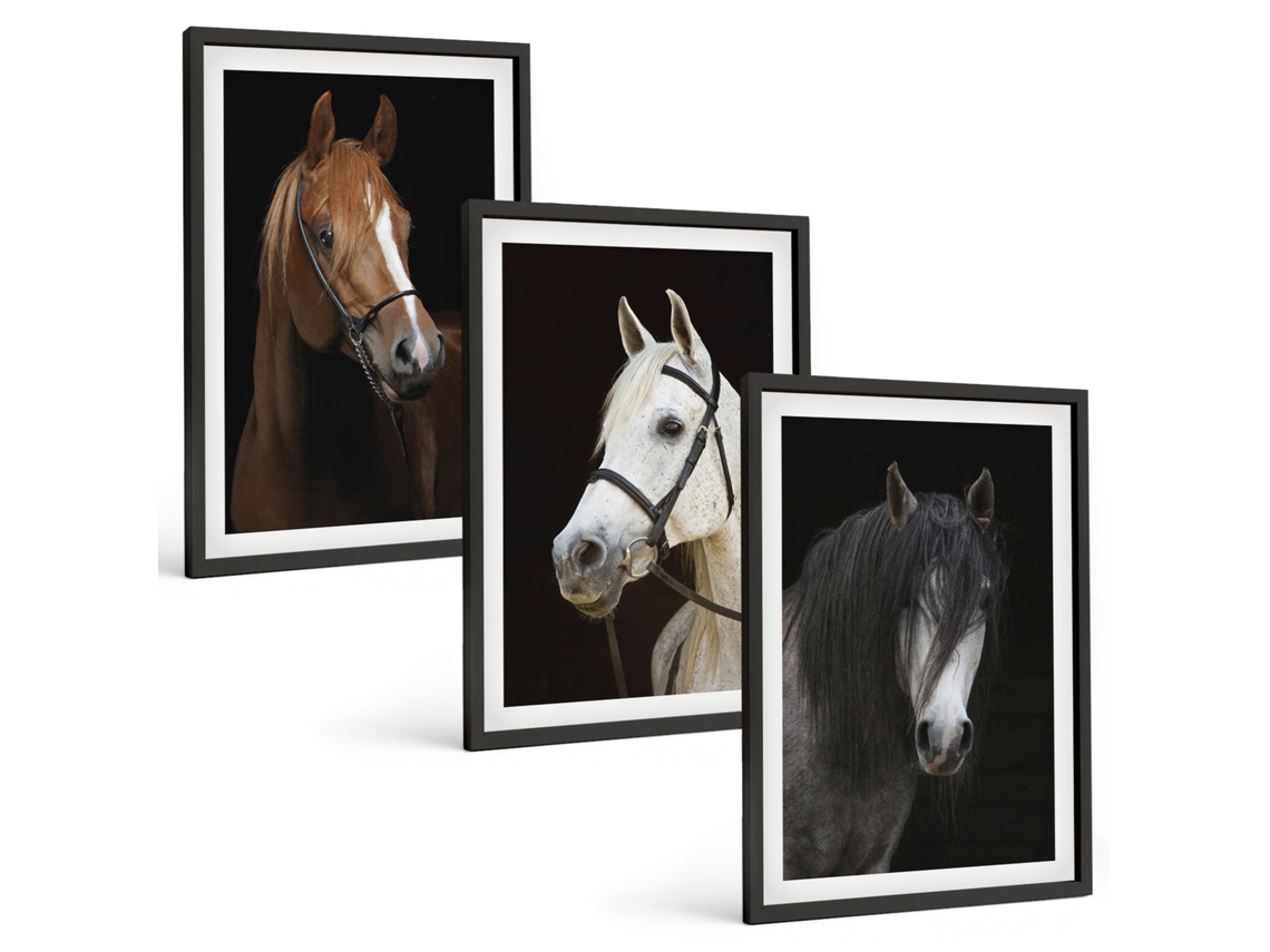 Quadros Decorativos Para Parede Retratos De Cavalos Em Tons De Pelo Moldura Preta Quadros Para O Escritório Espelharte (3 Piezas De 40x60 Cm)