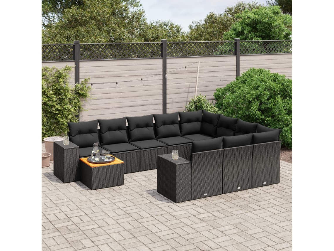 Vidaxl 11 Pcs Conjunto Sofás De Jardim C/ Almofadões Vime Pe Preto