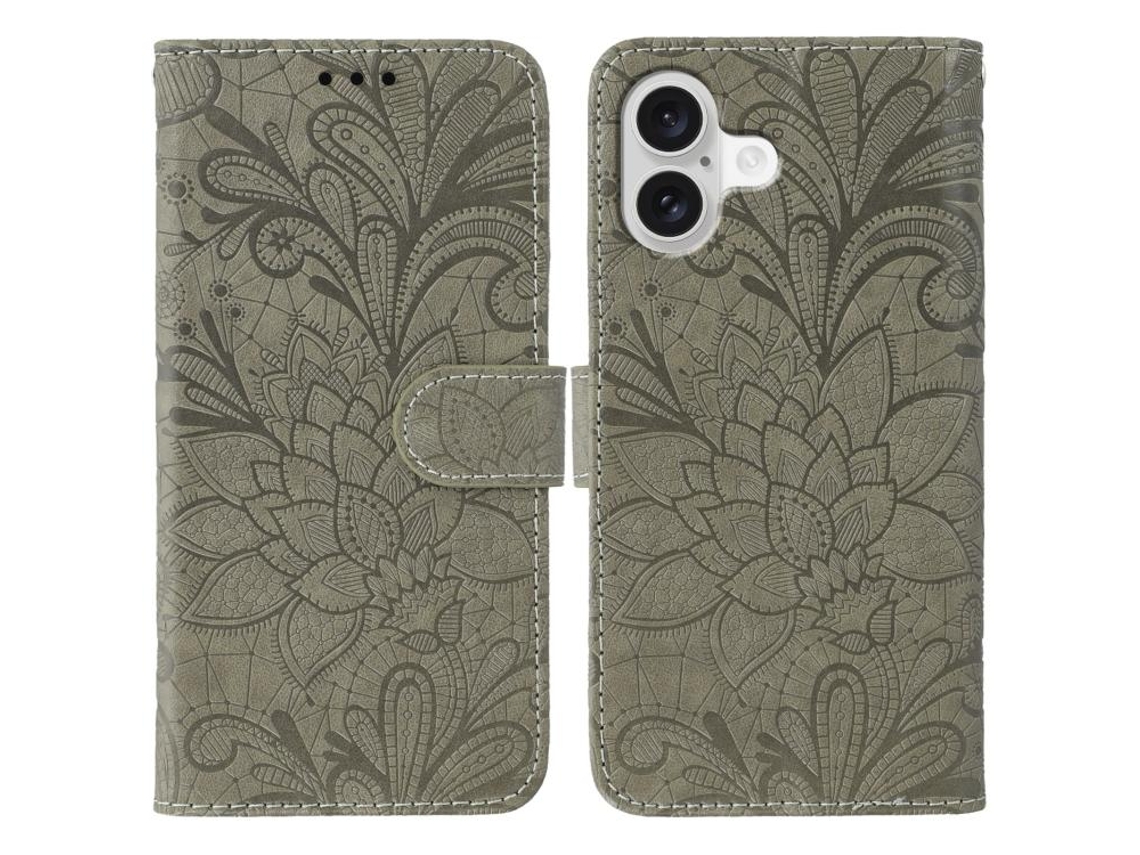 Capa De Couro Para Iphone 17 Com Detalhes Em Renda Floral E Design Em Relevo.
