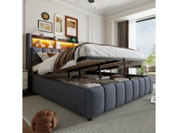 Cama Casal 180x200cm Led Usb Armário Hidráulica Linho Cinza