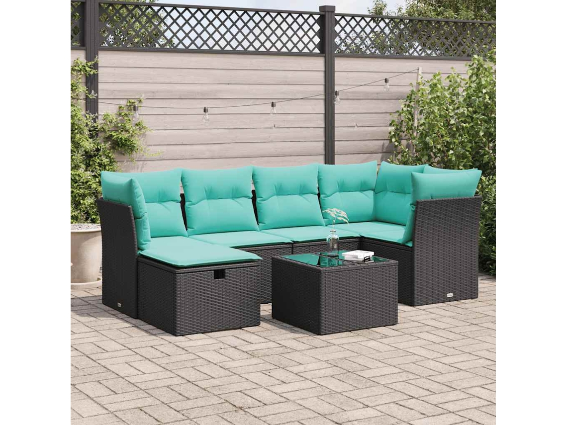 Vidaxl 7 Pcs Conjunto De Sofás P/ Jardim C/ Almofadões Vime Pe Preto