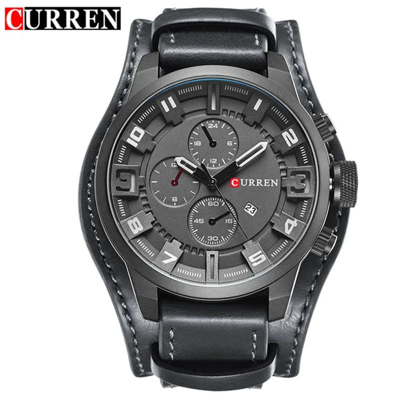 Relógio Masculino (preto/cinza) Com Pulseira De Couro Genuíno, Relógio Esportivo Casual Moderno, Com Exibição De Data.