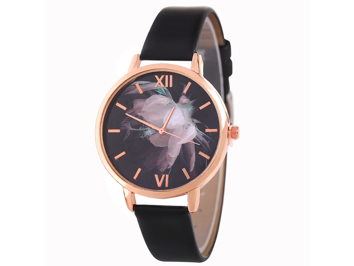 Relógio de Pulso Feminino Casual de Quartzo com Pulseira de Couro Pu Preto Elegante