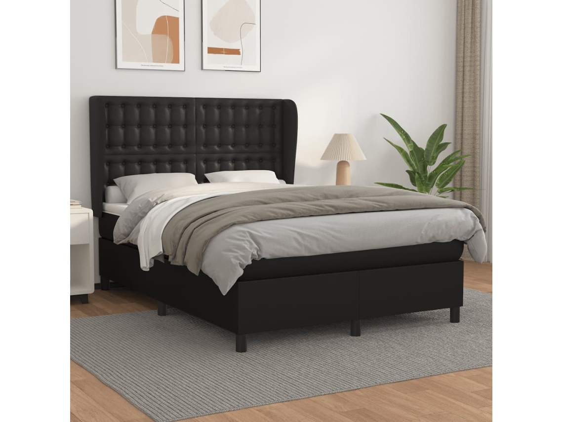 Vidaxl Cama Com Molas/colchão 140x200 Cm Couro Artificial Preto