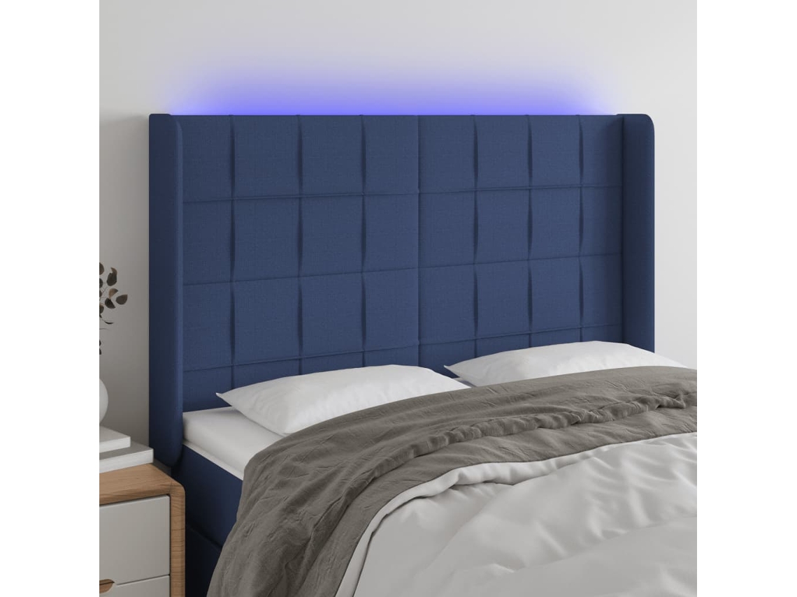 Vidaxl Cabeceira De Cama C/ Luzes Led Tecido 147x16x118/128 Cm Azul