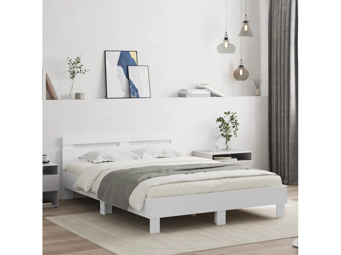 Vidaxl Estrutura De Cama Com Cabeceira E Luzes Led 140x190 Cm Branco