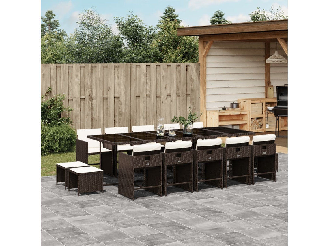Vidaxl 15 Pcs Conjunto Jantar P/ Jardim C/ Almofadões Vime Pe Castanho