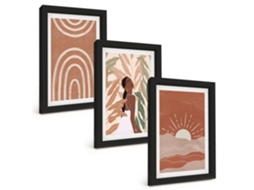 Composição De Quadros Na Parede Formas Abstratas Boho Moldura Preta Quadros Para A Sala De Estar Espelharte (3 Peças 20x30 Cm)