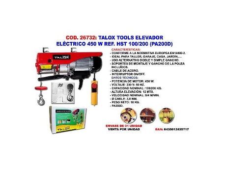 Talox tools elevador electrico 450 w hst 100-200 (pa200d)