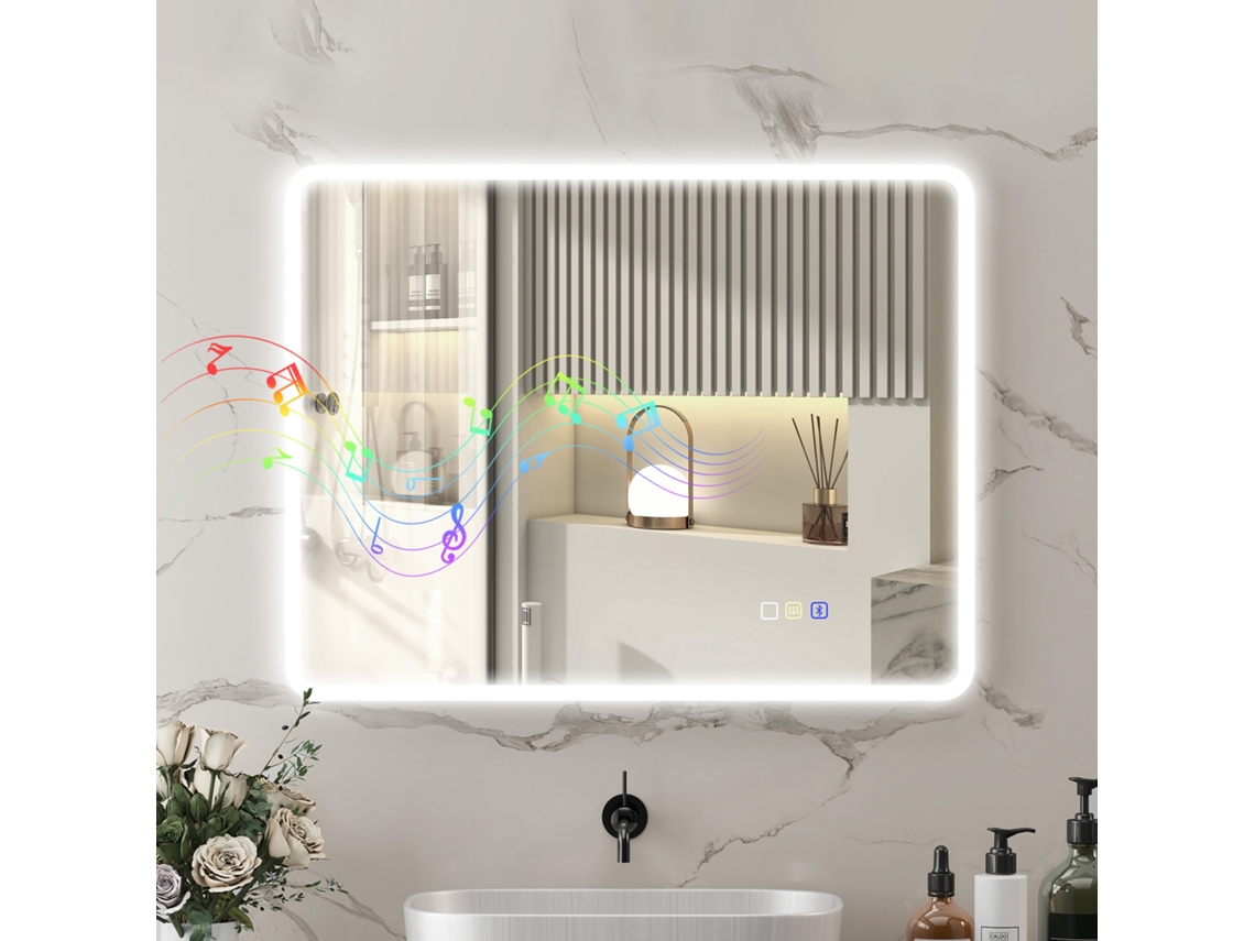 Espelho De Casa Banho Led Com Bluetooth, Iluminação Regulável E Função Memória, Em Vidro Temperado, 90x70x3,5 Cm