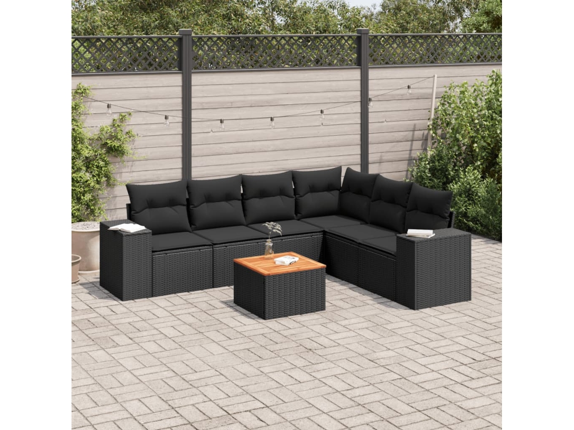 7 Pcs Conjunto De Sofás P/ Jardim C/ Almofadões Vime Pe Preto Dkd Home Decor