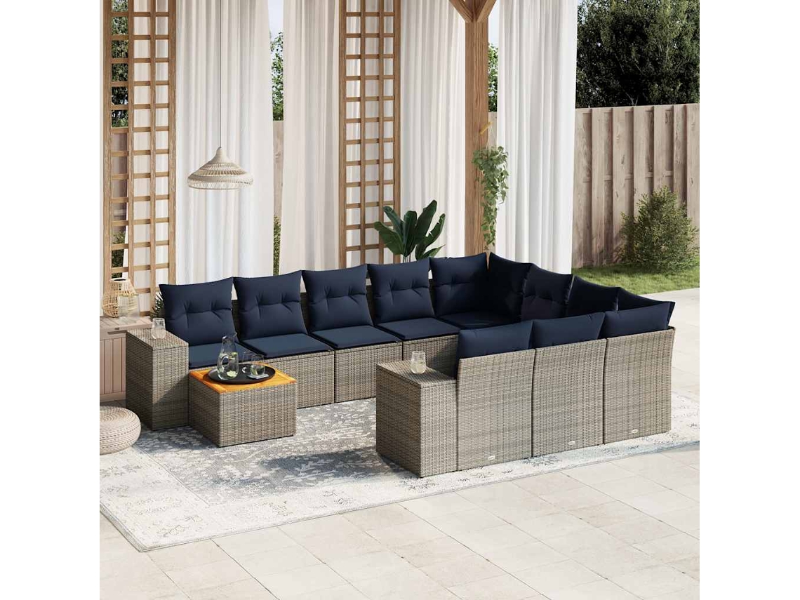 Conjunto de Sofá de Jardim de 3 Peças com Almofadas em Rattan Sintético Cinza VIDAXL