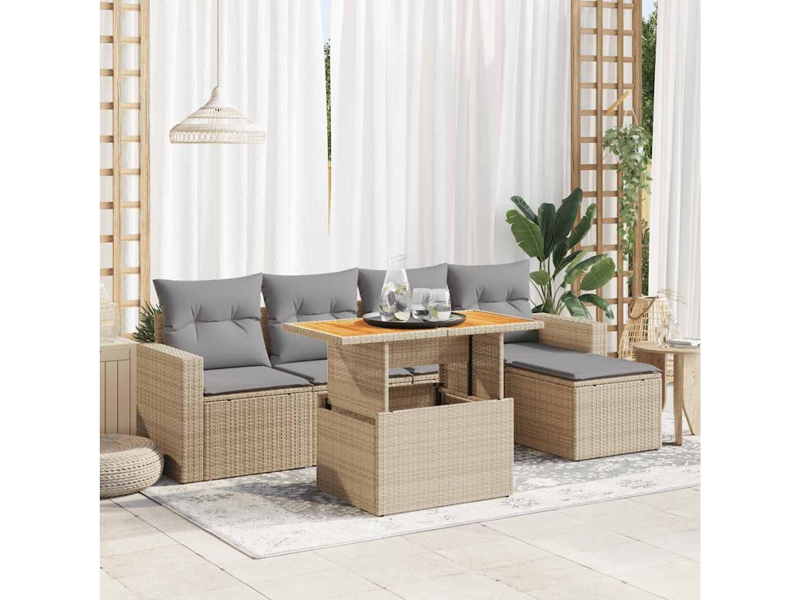 Vidaxl 6 Pcs Conjunto De Sofás P/ Jardim Com Almofadões Vime Pe Bege