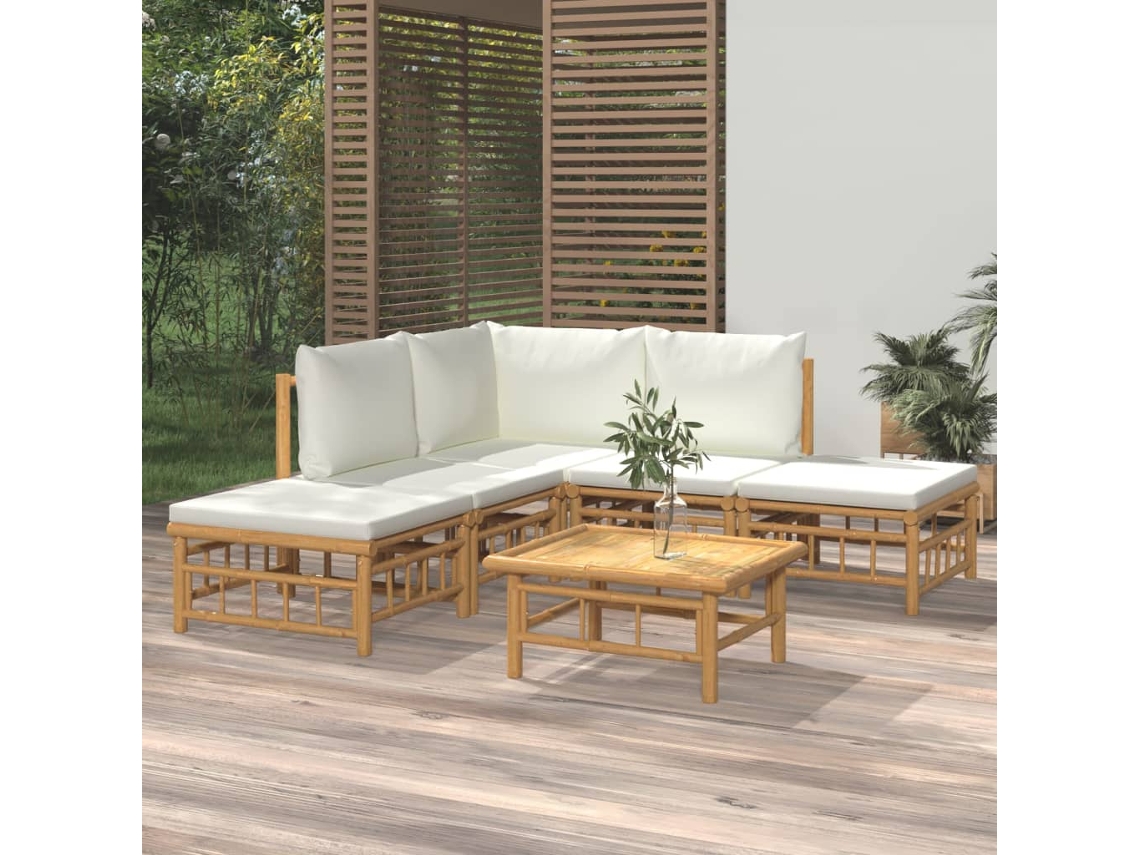 Vidaxl 6 Pcs Conjunto Lounge De Jardim Bambu C/ Almofadões Branco Nata