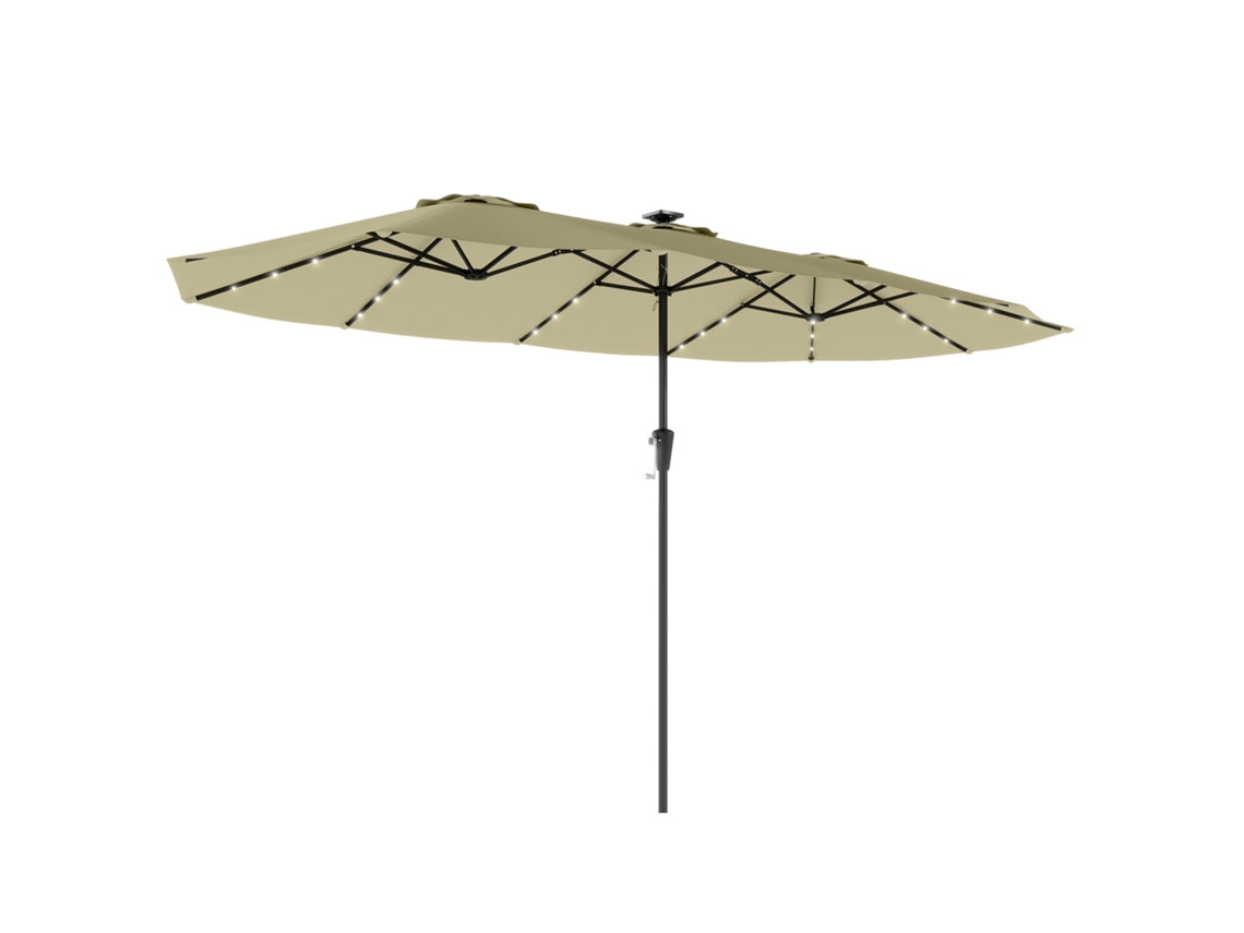Chapéu de sol duplo com 36 luzes LED solares, 4x2 m, manivela, bege