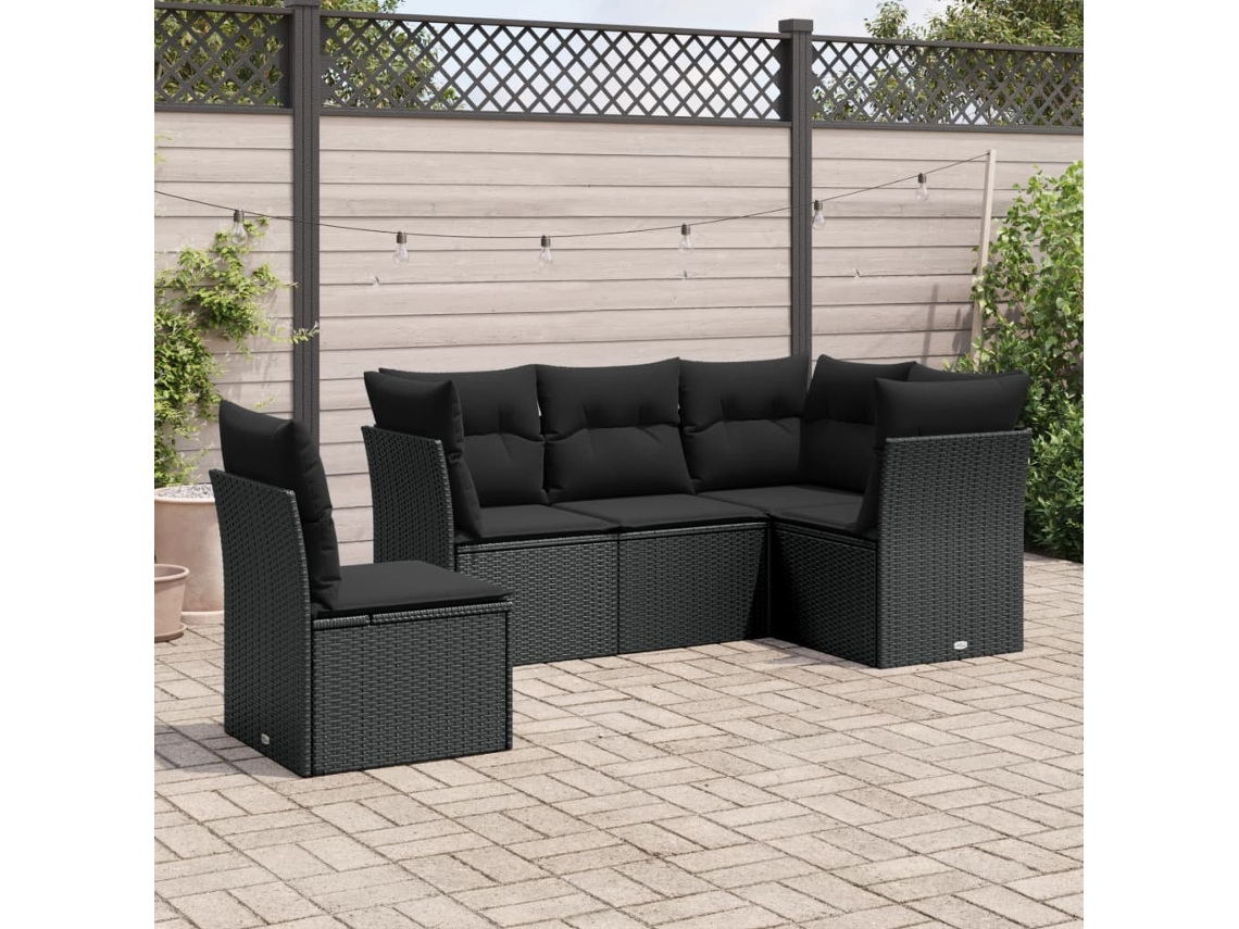 Vidaxl 5 Pcs Conjunto Sofás De Jardim Com Almofadões Vime Pe Preto