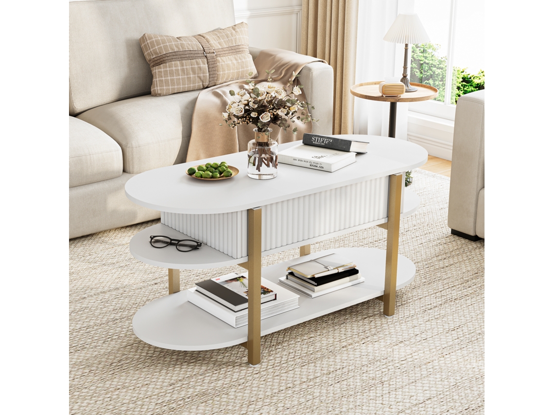 Mesa de Centro Elevável, 106x44x50cm, Branca, com Compartimento Central Oculto e 3 Prateleiras ROSAHQNDA