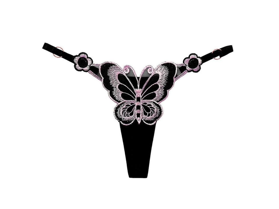 Sutiã G string Feminino Anel Metal Brodado Borboletas Ajustável Sexy Tecido Macio Talla Única Negro