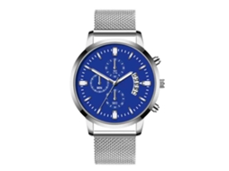 Relógio masculino de quartzo com calendário, mostrador redondo e pulseira de aço prateada e azul.
