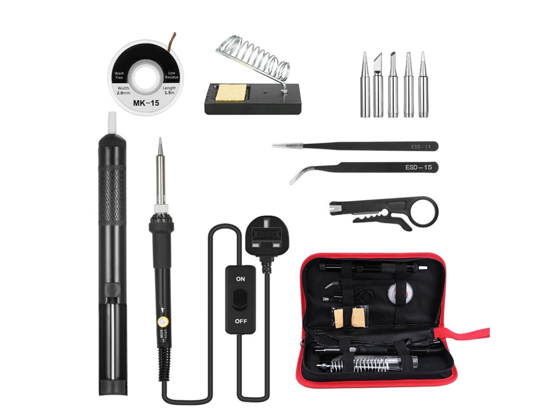 Kit De Soldador Eléctrico De 60w Com 13 Peças: Pontas, Aspirador De Soldadura, Pinças Antiestáticas E Estojo