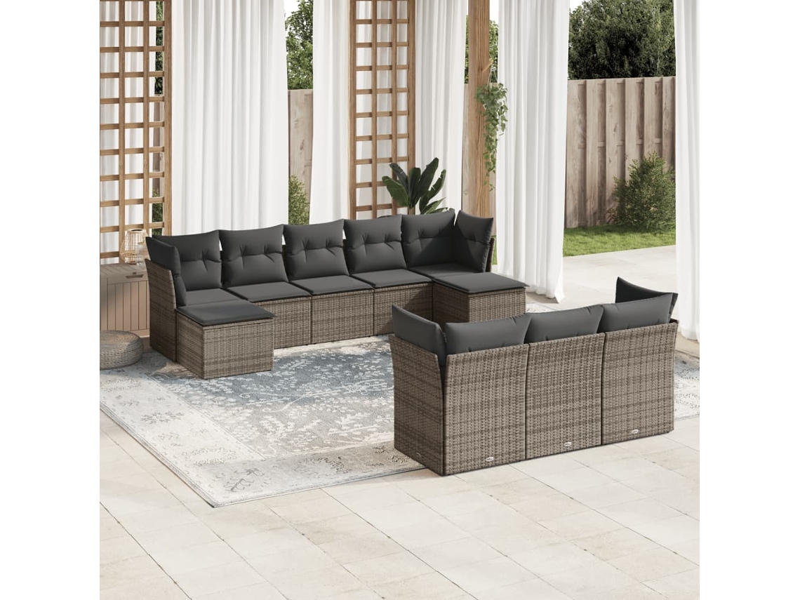 Vidaxl 10 Pcs Conjunto Sofás De Jardim C/ Almofadões Vime Pe Cinzento