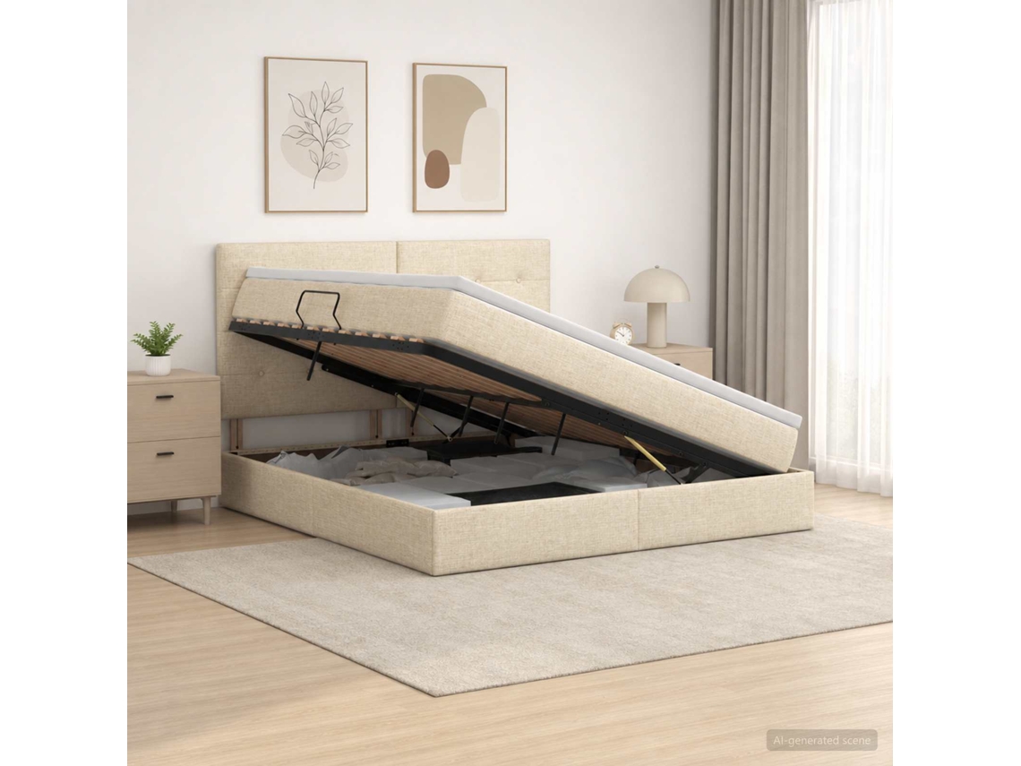 Vidaxl Cama De Armazenamento Led Com Colchão Creme 180 X 200 Cm Tecido