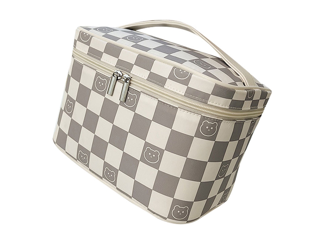 Bolsa de Maquiagem Grande Capacidade Viajem com Alça Resistente Zipper Brilhante Cinza Branco Xadrez