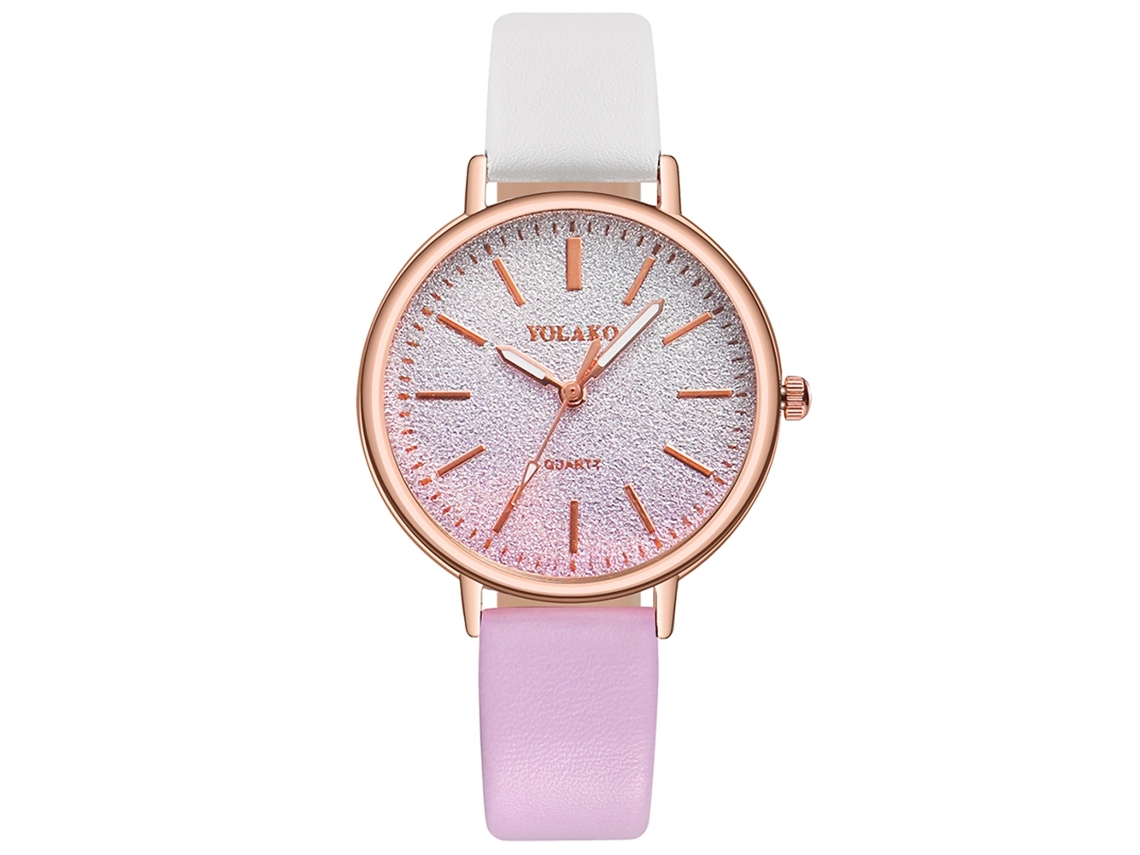 Relógio de Pulso Feminino Yolako com Mostrador Degradê e Pulseira de Couro Pu Branco Roxo