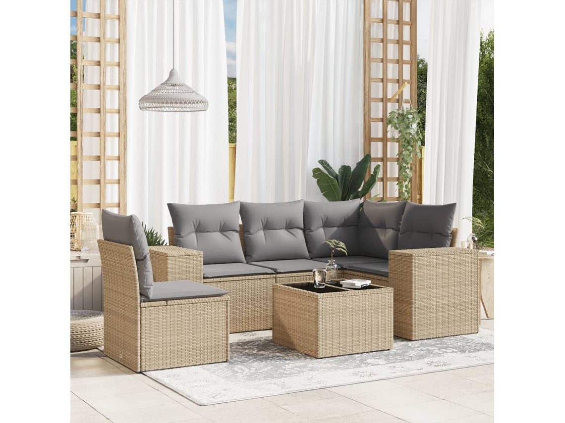 Vidaxl 6 Pcs Conjunto De Sofás P/ Jardim Com Almofadões Vime Pe Bege