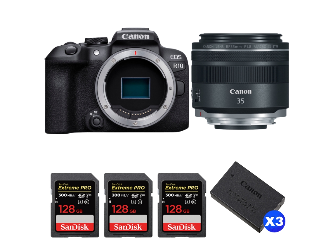 Eos R10 + Rf 35mm F1.8 Is Macro Stm + 3 Sandisk 128gb Uhs ii 300mb/s + 3 Canon Lp e17 + Ebook “20 Dicas para Fotos Que Impressionam” CANON