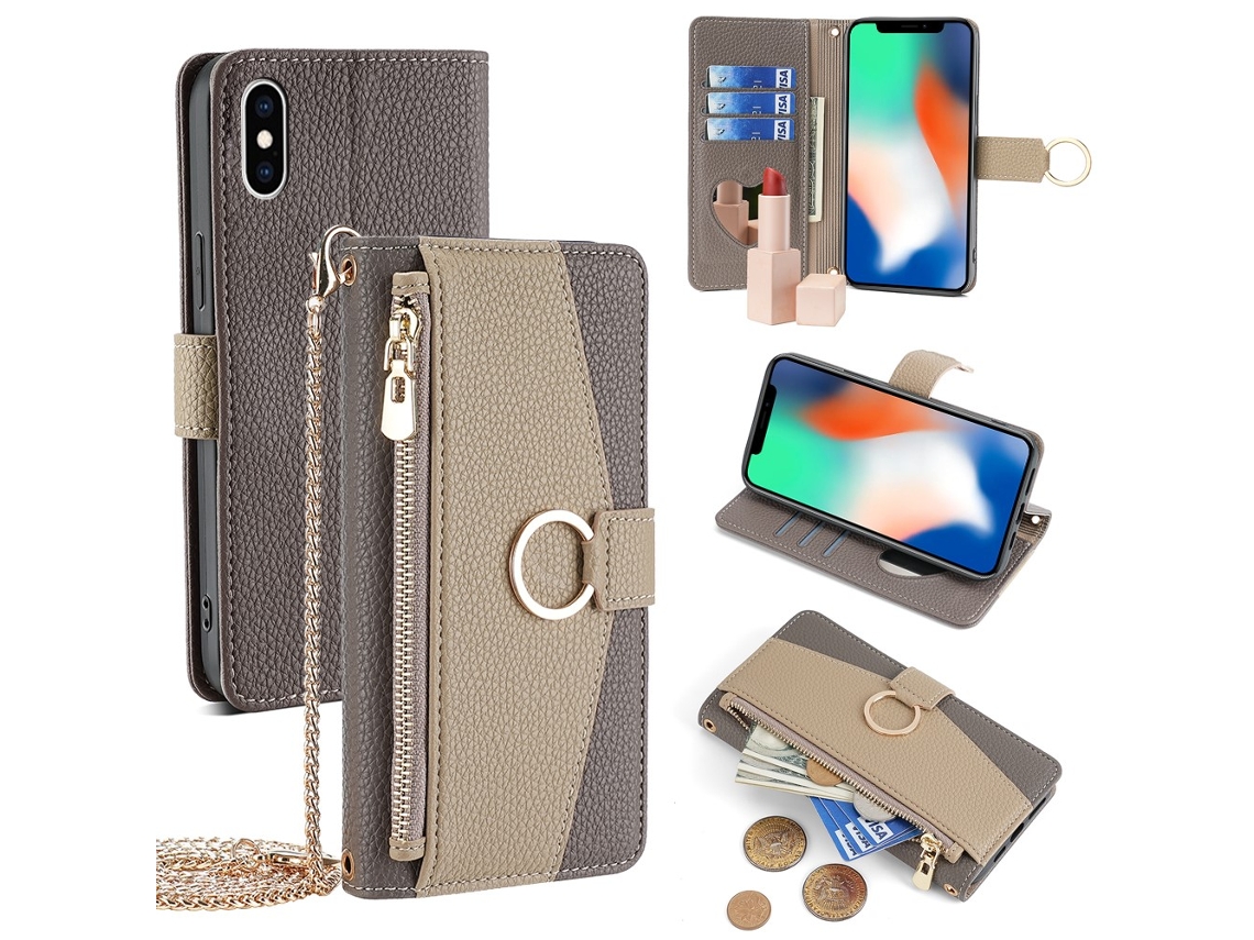 Capa Em Couro Pu Com Pega Para Apple Iphone X / Xs - Cinzento