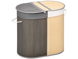 Cesto de Roupa em Bambu 100l com 2 Seções,tampa e Saco Removível 62,5x37x60,5cm cinza BTFORUS