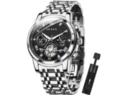 Lurelia Relógio Cronógrafo Masculino, Movimento De Quartzo, Luminoso, Detalhes Com Strass, Fase Da Lua, Prata