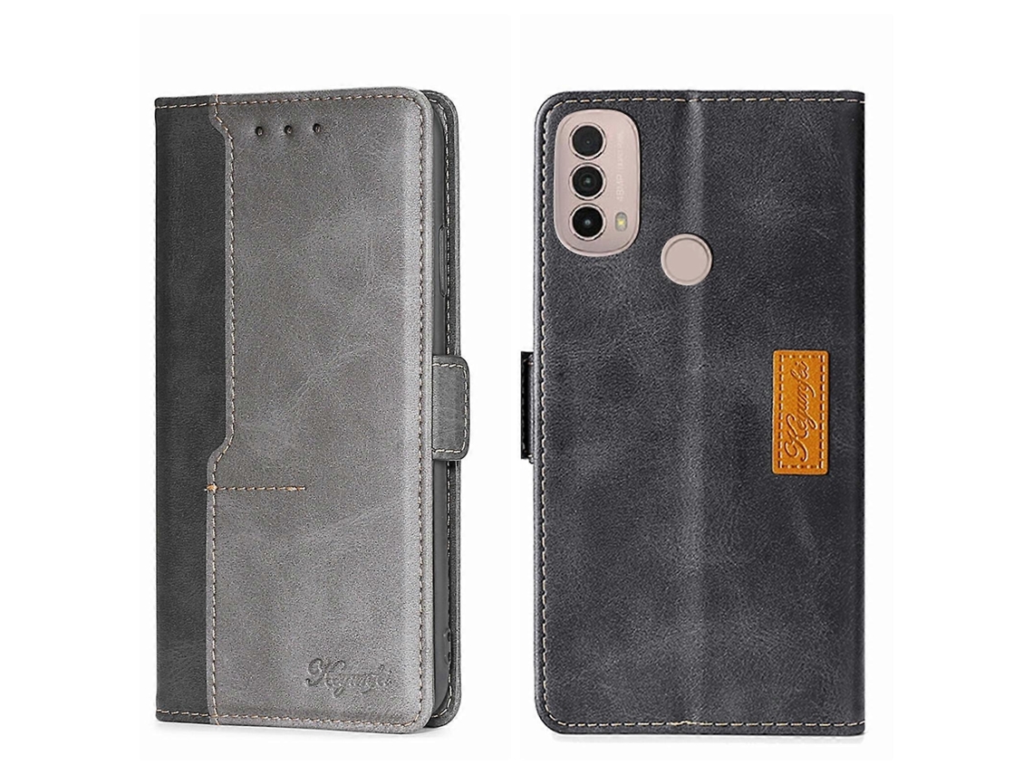 Capa De Couro Com Fivela Lateral Em Cores Contrastantes Para Motorola Moto E40