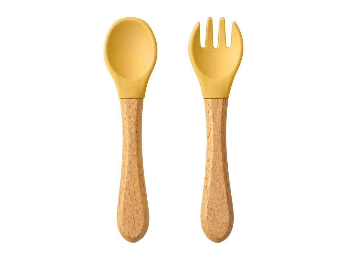 Conjunto de Dois Utensílios de Mesa para Bebê em Silicone e Madeira com Cabos de Madeira. MDUG (cor Wasabi)