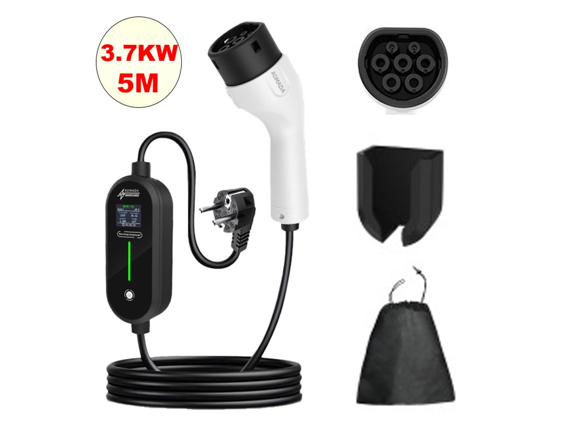 Carregador Portátil Carro Elétrico Tipo 2 SZSMART Rm0 3.7kw 16a Monofásico Ajustável, Ecrã Lcd, Ficha Schuko, Cabo 5m