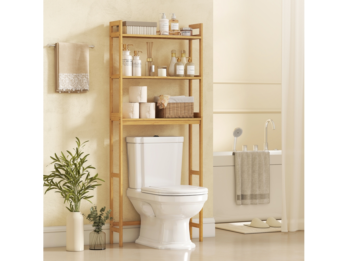 Estante Sobre Sanita de Bambu com 3 Prateleiras Pés Almofadas Antiderrapantes e Anti tombo 68x20x135 Cm Madeira