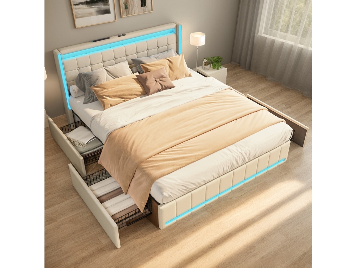 Cama De Casal Com 4 Gavetas De Ferro, 140x190 Cm, Com Iluminação Led, Porta-carregador Usb Na Cabeceira, Revestimento Em Linho,cor Bege,simurq