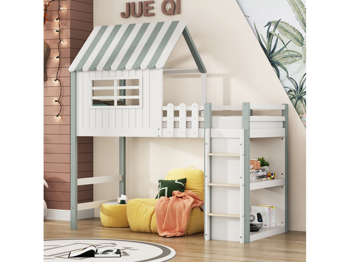 Cama Infantil 90x200cm, Madeira Maciça, Formato De Telhado, Escada, Prateleira, Cor Verde.