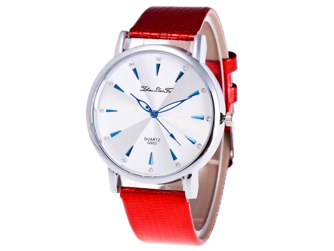 Relógio de quartzo com pulseira de couro PU, mostrador redondo, feminino, vermelho.
