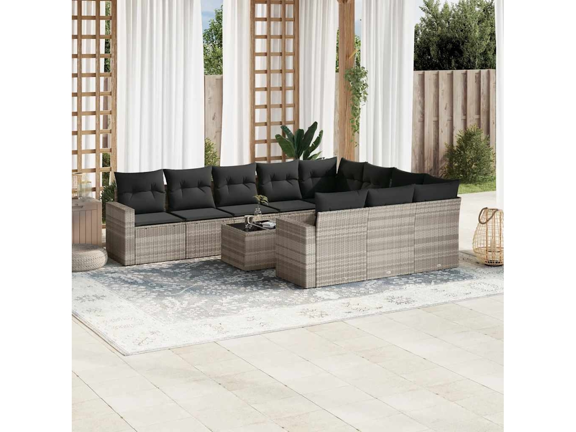 Vidaxl 11 Pcs Conjunto Sofás De Jardim C/ Almofadões Vime Pe Cinzento