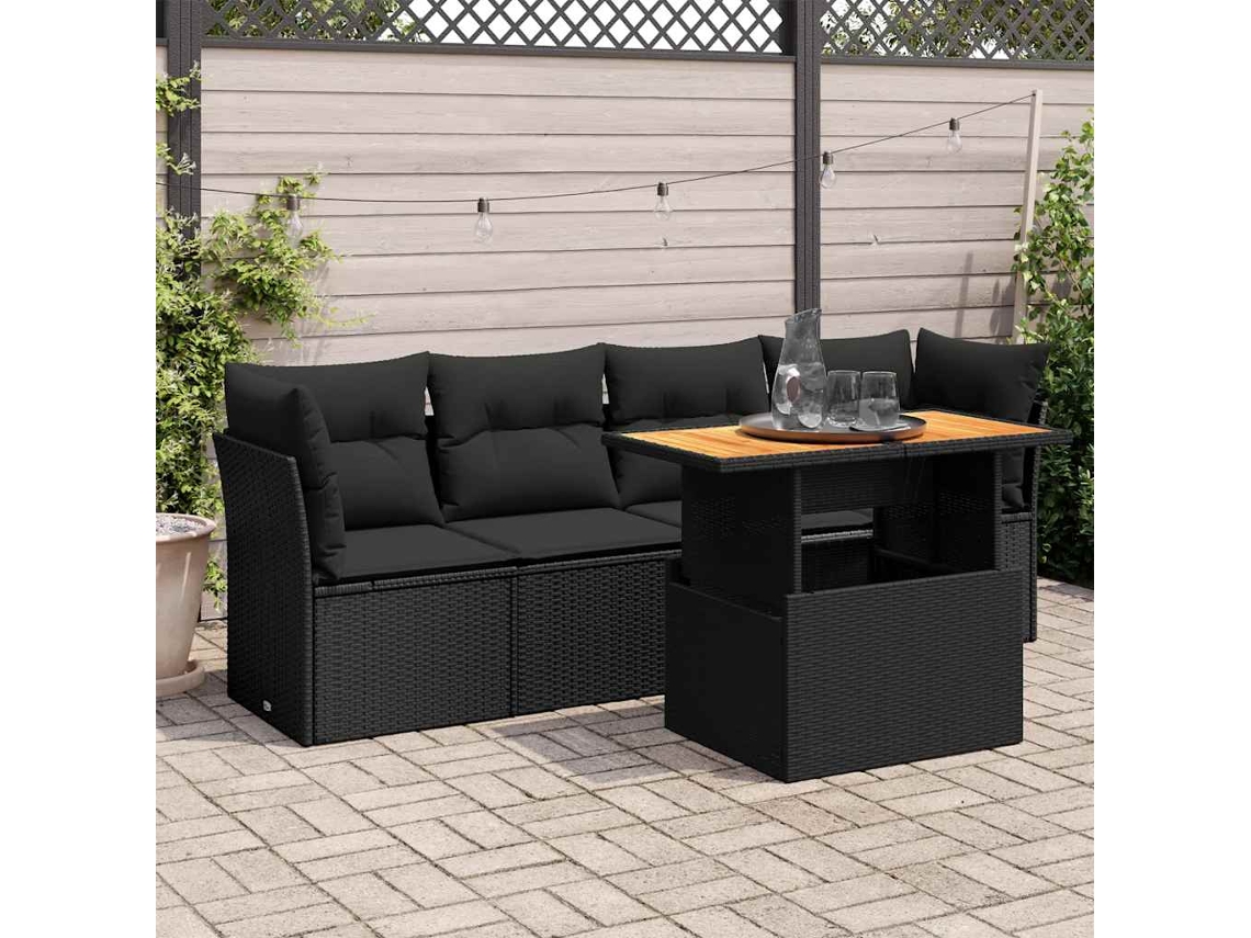 Vidaxl 5 Pcs Conjunto Sofás De Jardim Com Almofadões Vime Pe Preto