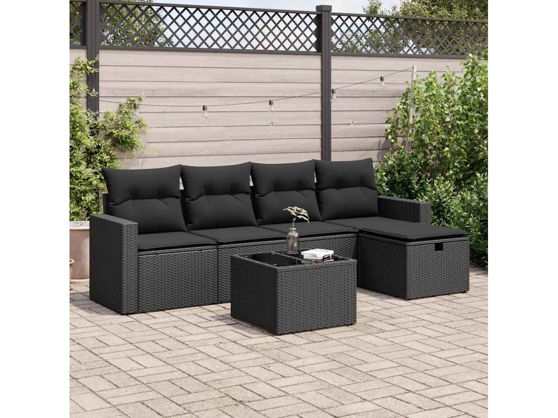 Vidaxl 6 Pcs Conjunto Sofás De Jardim C/ Almofadões Vime Pe Preto