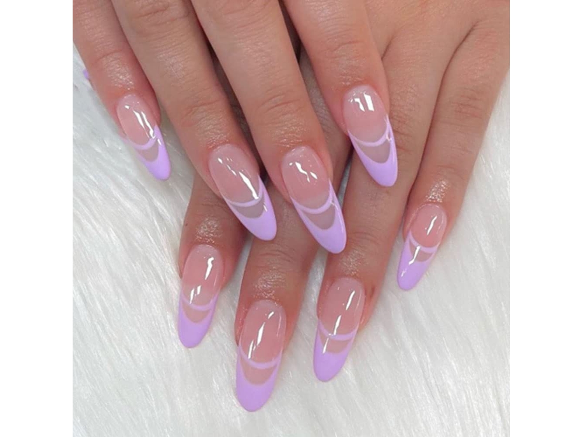 Conjunto de 24 Peças de Tips em Lilás com Design Simples Estilo Francês Cola Transparente Regular