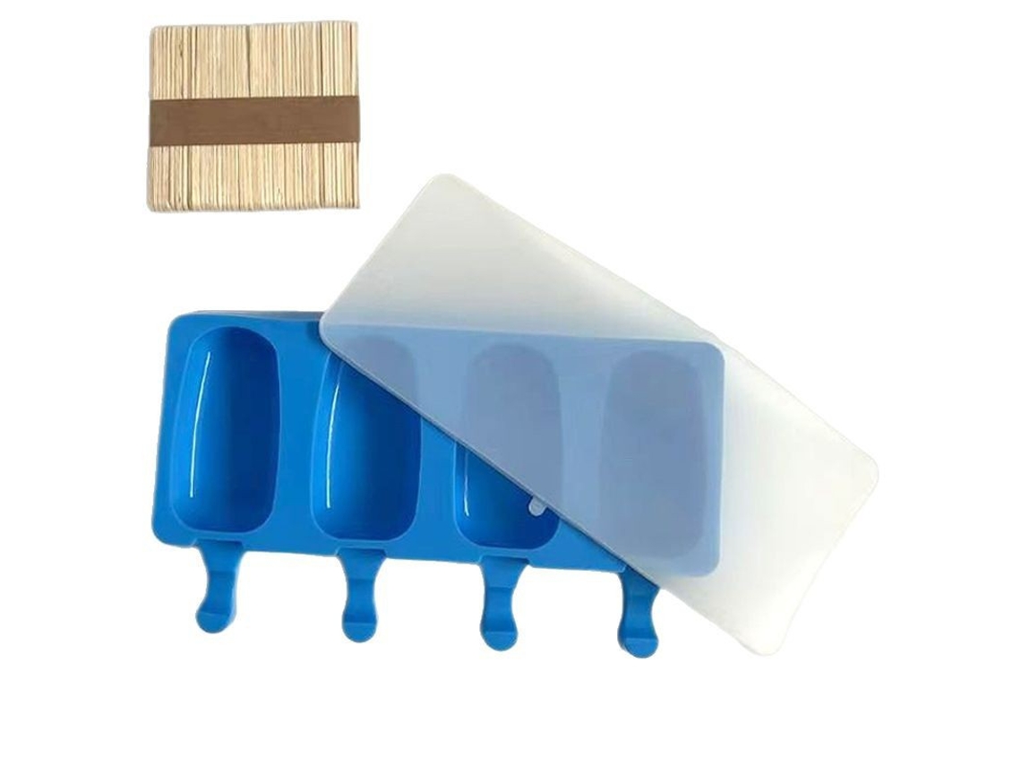 Formas De Silicone Ovais Para Picolés Caseiros Reutilizáveis, 4 Cavidades, Fáceis De Desenformar, 50 Palitos De Madeira Azul Hexinyigjly
