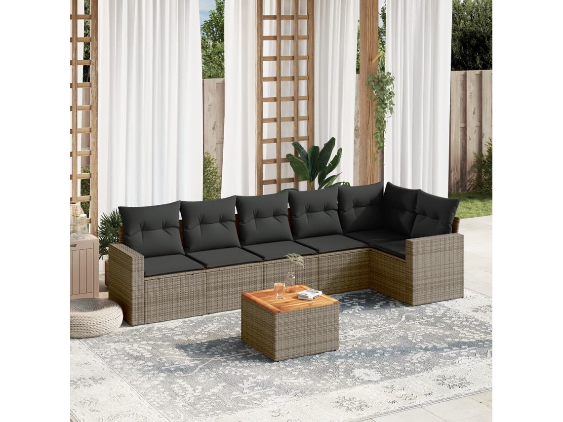 7 Pcs Conjunto Sofás P/ Jardim C/ Almofadões Vime Pe Cinza Dkd Home Decor