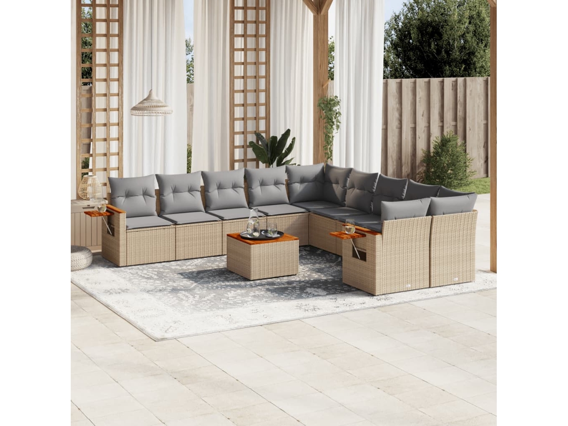 Vidaxl 11 Pcs Conjunto Sofás De Jardim C/ Almofadões Vime Pe Bege